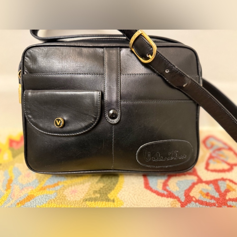 MARIO VALENTINO Unisex Rare Vintage Black Leather Satchel Crossbody - Picture 2 of 16